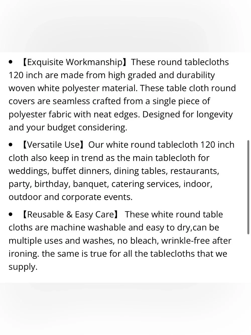 White 120” ROUND Tablecloths Durable 100% Polyester (8-pack)